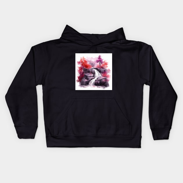 Red and Purple Waterfall Watercolor Kids Hoodie by The Art Mage
